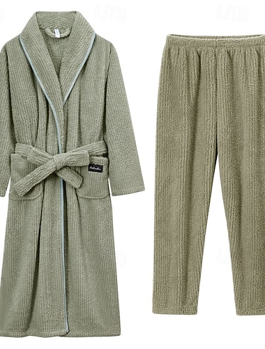  男性用 パジャマ ネグリジェ パジャマトップとパンツ ラウンジパンツ 1セット 平織り ファッション スタイリッシュ クラシック 家 日常 ベッドサイド フリース ポリエステル 保温 履き心地よい ソフト ラペル 長袖 フロントポケット ベルト付き 冬 ブラック ルビーレッド