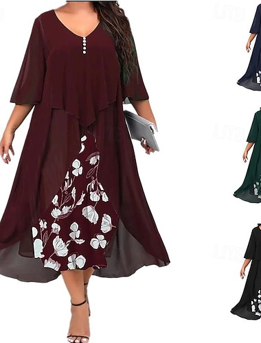  Damen Übergröße Freizeitkleid Blumen V Ausschnitt Dreiviertelarm Frühling Herbst Elegant Mode Modern Lässig Midikleid Täglich Ferien Kleid