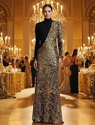 Schlauchkleid Bodenlang Perlenbestickt Abendkleid Kleid der Brautmutter Abiballkleider Abendkleid Ballkleid Festliche Kleidung Elegant Glitzernd Promi-Stil Langarm Hoher Ausschnitt Gartenparty