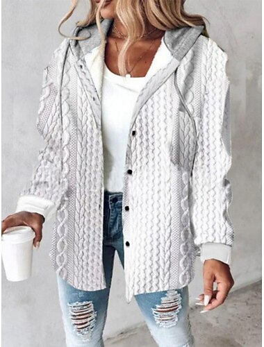  Dame Uformell jakke Hettegenser Bekvem Pustende Knapper Fritid Helfarge Feriereise Gate Dagligdagstøy Ut på byen Enkeltkneppet Normal Med hette Normal Langermet Yttertøy Hvit Grå Vår Høst