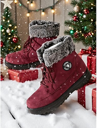  Damesnøstøvler med burgunderfarge og fuskepelsfôr – varme vinterstøvler for utendørsaktiviteter ved jul og i kaldt vær