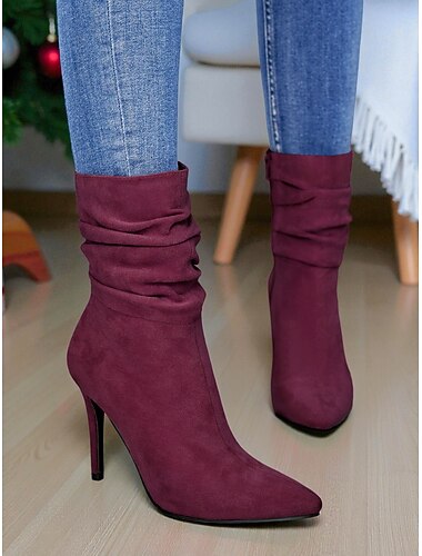  Botas femininas de camurça bordô com salto baixo - botas estilosas de bico fino e salto alto com design franzido para uso diário e de festa, perfeitas para o outono e inverno