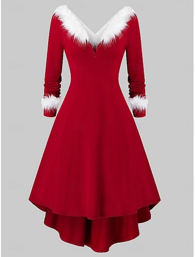  クリスマス レディース ミディドレス Aラインドレス カジュアル デイリー レギュラーフィット プレーン ロングスリーブ Vネック ブラック レッド グリーン 春 秋 冬