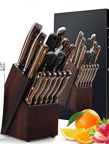  Kokin itseteroittuva ruostumattomasta teräksestä valmistettu vasaralla taottu veitsitelinesarja puisella pidikkeellä (15/16/20 osaa), mukaan lukien pihviveitsi, ihanteellinen värikäs lahjaidea