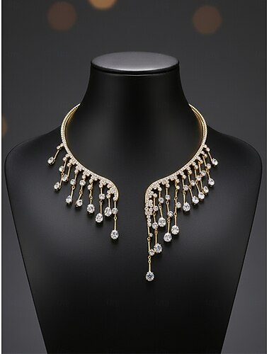  Statement-Halskette aus goldenem Strass für Damen, eleganter Kristall-Tropfen-Choker-Schmuck für Abendgala, Hochzeit &Party-Outfits