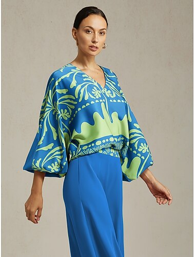  Damen Top blau Satin Blumen Urlaub Druck Laterne Ärmel V-Ausschnitt Frühling Herbst lässig