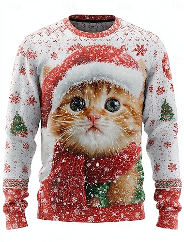 Weihnachten Damen Pullover Sweatshirt Grafik Tier Katze aktiv süß lässig Langarm Rundhalsausschnitt normale Oberteile Street Casual Urlaub Druck gelb rot lila Frühling Herbst Winter   Weihnachten Damen Pullover Sweatshirt Grafik Tier Katze aktiv süß lässig Langarm Rundhalsausschnitt normale Oberteile Street Casual Urlaub Druck gelb rot lila Frühling Herbst Winter