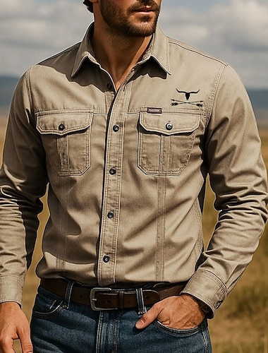  Herre Cow Print Arbeidsskjorter Western skjorte Cargo skjorte Langermet Taktisk Vintage retro Sport & Utendørs Arbeidstøy Vår Høst Aftæpning To lommer foran Skjorter med knapper Militærgrønn