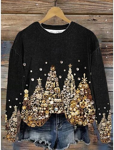 Dame Genser med genser Juletre Jul Fritid Langermet Crew-hals Vanlige topper Gate Hverdag Avslappet Blå Svart Rosa Vin Lilla Høst Vinter