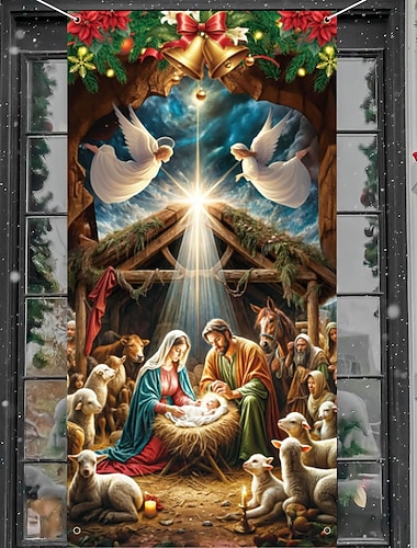  クリスマスドアカバー 聖誕シーンデザインの誕生 フェスティブクリスマスリース 冬のホリデードレープデコレーション 用のホームリビングルーム 寝室 ドアウェイ