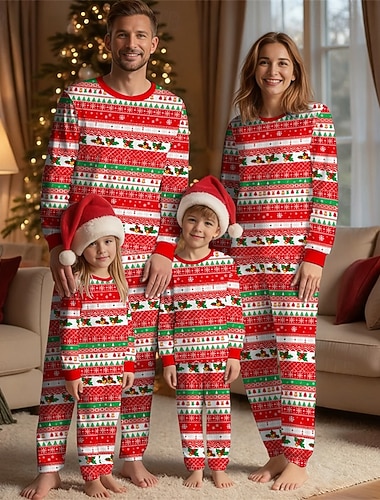  Familie Uite Crăciun Pijamale de familie de Crăciun Pijamale Seturi de familie Grafic Brad de Crăciun Clopotul de Crăciun Casă Imprimeu Roșu-aprins Manșon Lung Zilnic Tinute potrivite