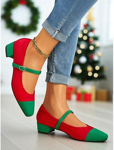  Zapatos Mary Jane de tacón bajo en rojo y verde para mujer, con contraste de colores navideños retro para fiestas y conjuntos festivos de invierno.