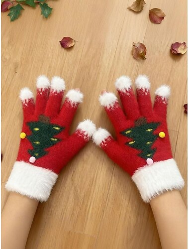  Guantes navideños de punto para mujer con puños peludos y diseño de árbol de Navidad, cálidos mitones de invierno para adultos y niños, bonito accesorio de regalo para fiestas navideñas.