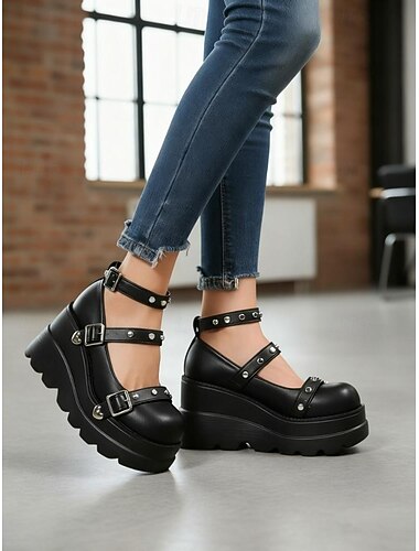  Schwarze Mary-Jane-Plateauschuhe im 80er-Jahre-Stil für Damen mit Schnallen und Herznieten – Gothic-Punk-Lolita-Stil für Halloween, Cosplay und Ausgehen