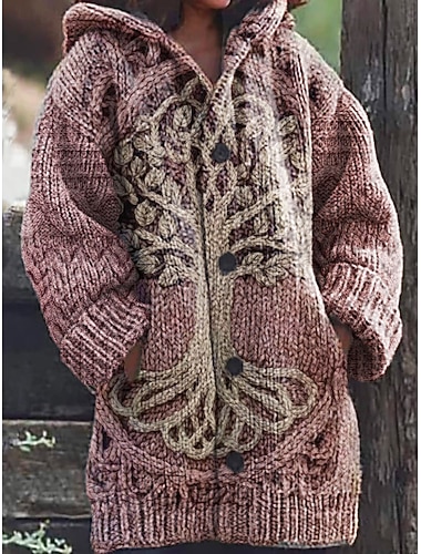  Damen Strickjacke Täglich Lässig Grafik Paisley-Muster Gerippt Mit Kapuze Patchwork Tasche Knöpfe Langarm Lange Oberteile Stricken Outdoor Wochenende Rosa Herbst Winter