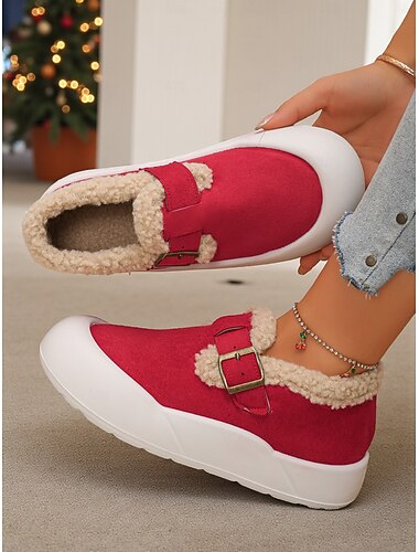  Dames rode imitatie suède brede instapschoenen met warme pluche voering en gespdetail, comfortabele winterse casual schoenen voor binnen &buitenkleding