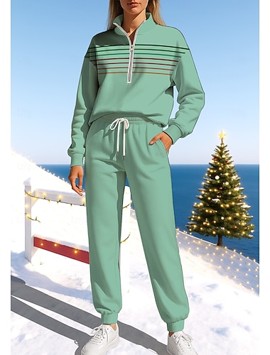  Jul Dame Genser Joggedress sweatsuit Snorer Glidelås Stripet Jakke og joggebukser Atletisk klesett Vår Grønn Avslappet Trene Utendørs Myk Posete Langermet Sport Sportsklær Mikroelastisk Løstsittende