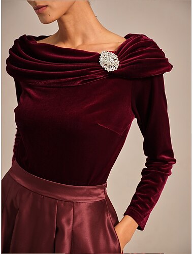  jul dametopper med pene stoff fløyel elegant langermet rund hals båthals vanlige topper kveldsfest cocktailantrekk rysjede vinrød vår høst vinter