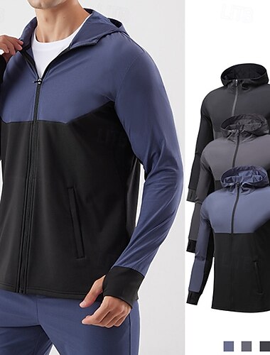  رجالي ألوان متناوبة سترة رياضية خريف / شتاء مع قبعة كم طويل ملابس الرياضة حماية الشمس خفة الوزن الصالة الرياضية المشي لمسافات طويلة ركض اكتشف - حل يوغا أسود أزرق أزرق داكن ملابس رياضية ألبسة رياضية