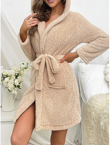 Damen Robe Lässig Komfort Kaninchen Schnürung Heim Täglich Langarm Kapuzenpullover Khaki Frühling Herbst Winter Normale Passform
