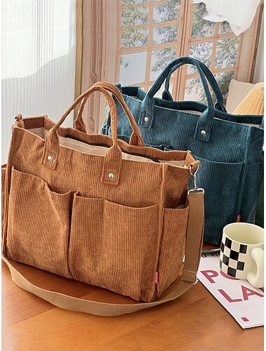  bolsa tote feminina de veludo cotelê com vários bolsos, bolsa de ombro vintage casual, bolsa transversal de grande capacidade para uso diário, trabalho, viagens e compras