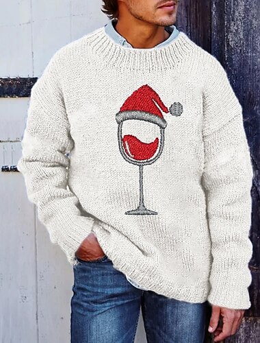  Ugly Christmas Sweater Men's Wine Glass Pullover Sweater Jumper Knitwear Crewneck Casual Vacation Street Daily 3D Print Knitting Keep Warm Long Sleeve Spring Fall Winter White Red Blue