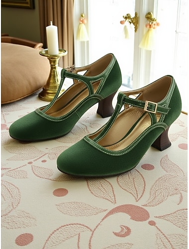  女性用グリーンTストラップメリージェーンヒール、1930年代のエドワード朝風ヴィンテージスタイルのラウンドトゥミッドヒールシューズ。レトロな服装、フォーマルなイベント、ギャツビーパーティーに最適です。