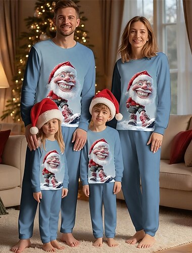  نظرة العائلة عيد الميلاد المجيد بيجامات عائلية لعيد الميلاد منامة مجموعات الأسرة الرسم بابا نويل المنزل طباعة أزرق كم طويل يوميا ملابس مطابقة