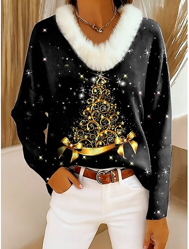  Рождественская женская футболка с графикой рождественской елки и снежинки винтажный тропический стиль стильный длинный рукав V-образный вырез обычные топы ежедневный принт черный красный зеленый