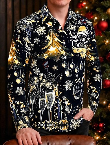  Święta Długie rękawy Koszula zapinana na guziki Oświetlenie bożonarodzeniowe Graficzny Zabawne Zabawny na Męskie Dla dorosłych Druk 3D  Do Święta Karnawał Nowy Rok Impreza