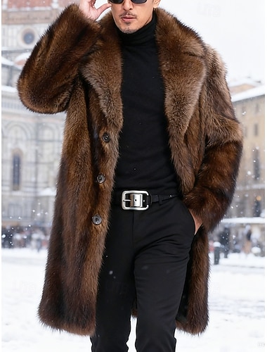  Муж. Зимняя куртка Искусственное меховое пальто Отпуск Повседневные Сохраняет тепло Флис Осень Зима Полотняное плетение Мода Уличный стиль Лацкан Длинная Черный Коричневый Жакеты