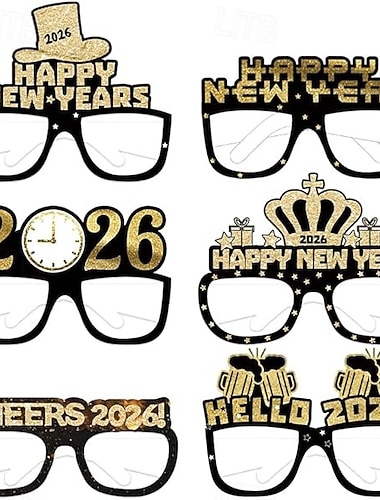  Nyårsaftonfest svarta och gulddekorationer 6 st 2026 papper 3D-glasögon – roliga fotoboksrekvisita för gott nyttårsfest