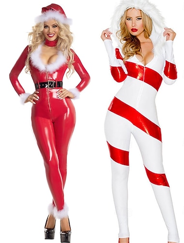  Conjunto Papai Noel Mrs.Claus Bengala Doce Terno Corpo Inteiro Body Fantasias de Cosplay com chapéu de Papai Noel Mulheres Sensual Safado Listrado Estampa Fantasia de Natal Adulto Natal Ano Novo Festa