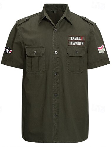  בגדי ריקוד גברים חולצת מטען חולצה לטיולי הליכה חולצת צבא שרוולים קצרים צווארון מתקפל צמרות חיצוני קל משקל נושם כותנה שחור ירוק צבא חאקי ציד דיג טיפוס