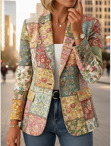  Naisten Bleiseri Pidä lämpimänä Mukava Tasku Napit Painettu Vintage Päivittäin Vapaa-aika Kukka Muodollinen Toimisto Kausaliteetti Yksirivinen Normaali Lovikäänne Normaali Pitkähihainen