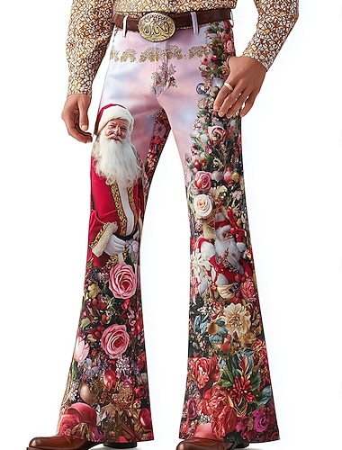  Jul Herre julenissen Blomstermønster Blomster Disco bukser 60- og 70-tallsbukser Medium Midje Vintage retro utendørs Ferie Sidelommer Bukser med utsvingte ben Vår Høst 3D-utskrift Rosa