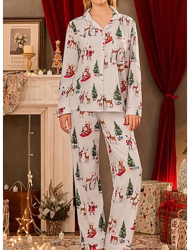  Weihnachts Frauen Weihnachtsbaum Pyjamas Loungewear Pyjama Set Warm Aktiv Mode Grafik Claus Knopfvorderteil Hose Urlaub Zuhause Langarm Revers Weiß Frühling Herbst Winter Reguläre Passform