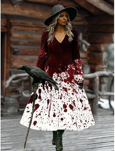 Damen Midi Kleid A-Linie Kleid Urlaub Lässig Boho Strand Regulär Fit Grafik Abstract Langarm V-Ausschnitt Weiß Dunkelrot Wein Braun Frühling Herbst Winter   Damen Midi Kleid A-Linie Kleid Urlaub Lässig Boho Strand Regulär Fit Grafik Abstract Langarm V-Ausschnitt Weiß Dunkelrot Wein Braun Frühling Herbst Winter