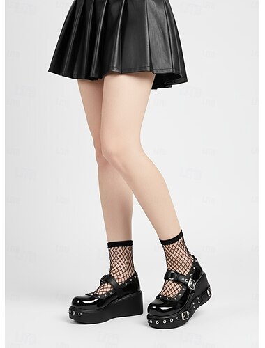  Γυναικεία γοτθικά παπούτσια πλατφόρμας Mary Jane – μαύρα λουστρίνι με αγκράφες με τρουκς, χοντρά τακούνια σε στιλ πανκ ροκ για πάρτι και βραδινή έξοδο για το Halloween