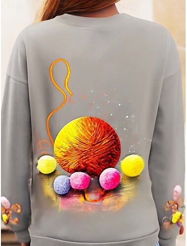  Dame Gensere Grafisk Dyr Katt Fritid Langermet Crew-hals Rund hals Vanlige topper Gate Hverdag Avslappet Trykt mønster Grå Vår Høst Vinter