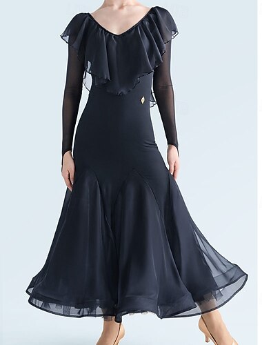  Dámské šaty na společenský tanec s dlouhým rukávem, síťovinou, valčíkem, tangem, latinskoamerickými soutěžemi, vystoupením, nácvikem, volánovým lemem, elegantní splývavou sukní – černé