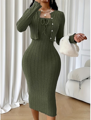  Damen Kleid-Set Etui-Kleid Elegant Einfach Knöpfe Midikleid Langarm Rundhalsausschnitt Outdoor Urlaub Blau Grün Grau Frühling Herbst Normale Passform