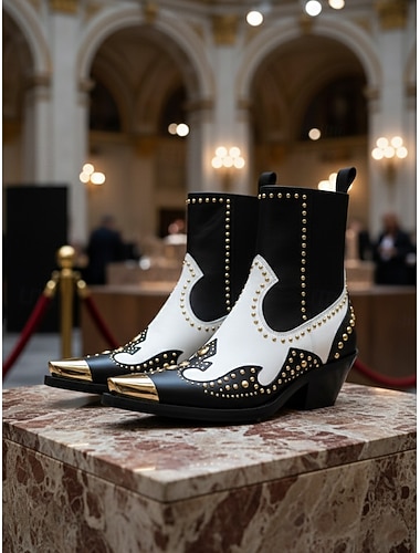  Schwarze Westernstiefeletten aus Leder für Damen mit goldenen Nieten und Metallkappe – Stiefel im Cowboy-Stil mit klobigem Absatz für modische Streetwear und Partys