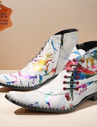  Botas masculinas de couro branco com respingos de tinta, com cadarço frontal e bico fino, botas de couro bovino artísticas da moda para palcos, clubes e festas