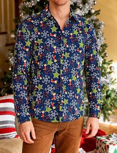  Święta Długie rękawy Koszula zapinana na guziki Płatek śniegu Graficzny Zabawne Zabawny na Męskie Dla dorosłych Druk 3D  Do Święta Karnawał Nowy Rok Impreza