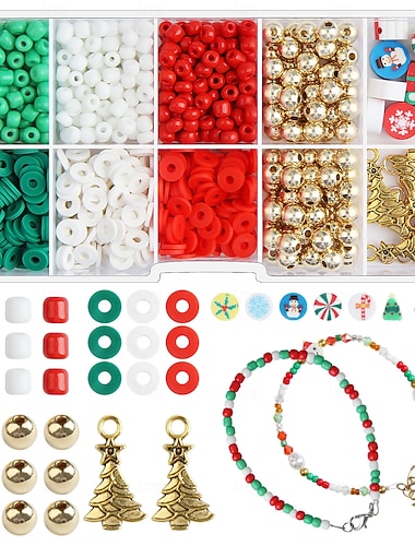  Julpärlor för smyckestillverkning berlocker lerpärlor för armband halsbandstillverkning gör-det-själv-pyssel förvaringslåda med 10 fack för julpärlor, runda akrylpärlor i polymer, kit med