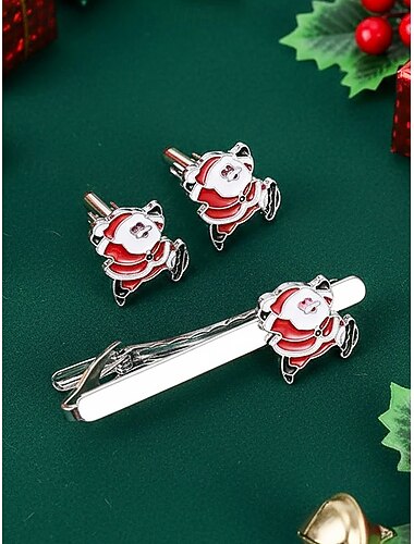  Pánská vánoční sada manžetových knoflíčků a kravatové spony s motivem Santy – slitina, slavnostní design pro vánoční večírky a formální příležitosti