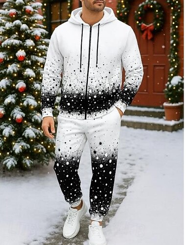  Natale Per uomo Tuta da 2 pezzi Felpa con cappuccio Lounge Felpa con zip intera Cerniera completa con tasca A Pois Completo Abbigliamento Primavera Bianco Viaggio Corsa Traspirante Manica Lunga Sport