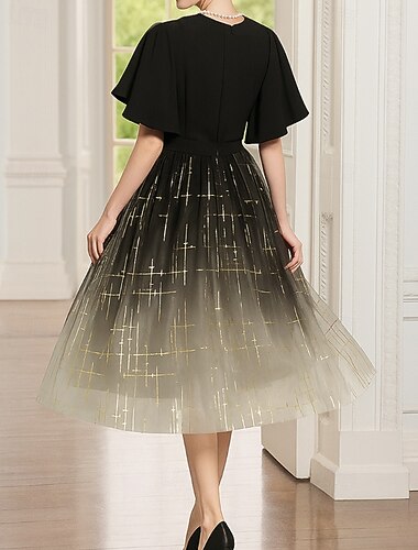  A-linje Te-lengde Festkjole Cocktail Kjole Kjole med vidt skjørt Halvlange ermer V-hals Elegant Årgang Fest Polyester Kjole til brudens mor med Paljett