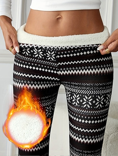  Leggings femininas aconchegantes, moda vintage, streetwear, comprimento total, calças de cintura alta, estampa de floco de neve, lã térmica, quente, confortável, alta elasticidade, casual para uso ao ar livre, diário, preto